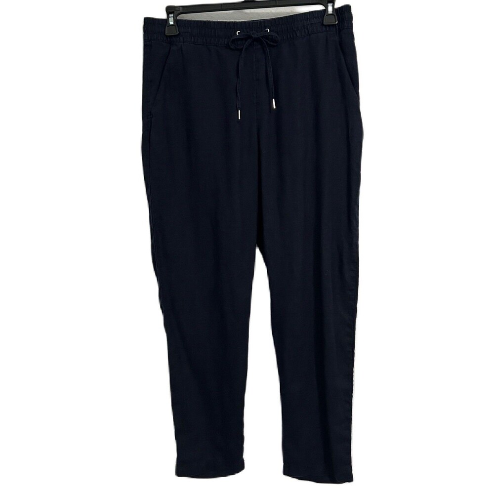 H&M Pants Women 10 Navy Linen Drawstring Elastic Taper Pocket Comfy Beachy Boho